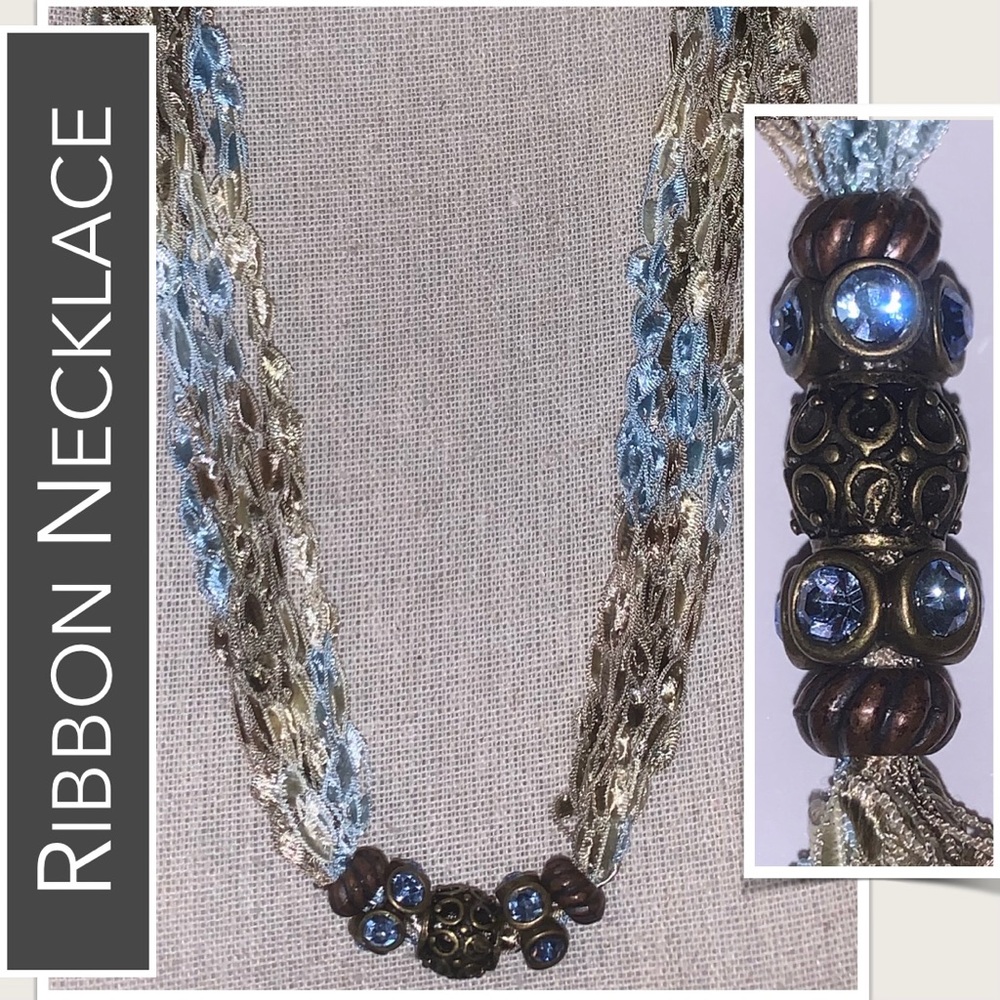 Necklace Strand of Blue, Sage, Bronze Ribbons, Bronze Beads & Blue Stones Accent - Picture 11 of 11